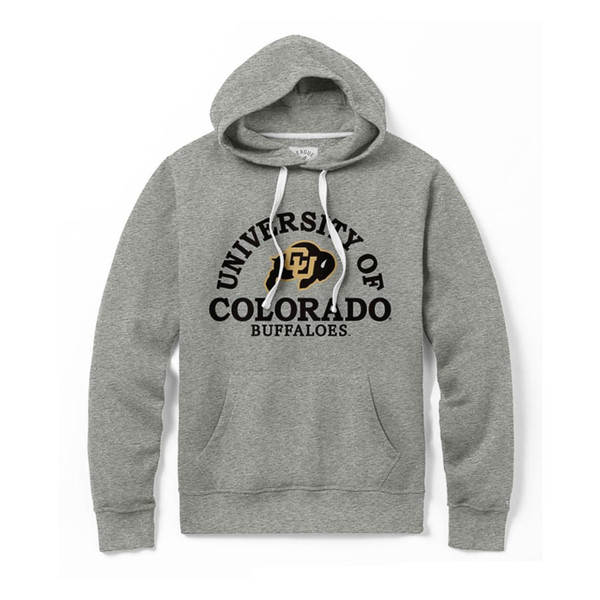 A gray hoodie featuring University of Colorado Buffaloes in lettering and a CU Buffalo logo, with a drawstring hood and a large kanga pocket.